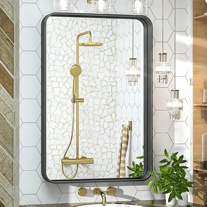 Framed Bathroom Wall Mirror with Non-Rusting Aluminum Alloy in Brushed Metal Finish – Stylish Modern Farmhouse Design for Bedroom, Living Room, or Bathroom
