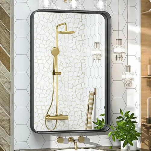 Framed Bathroom Wall Mirror with Non-Rusting Aluminum Alloy in Brushed Metal Finish – Stylish Modern Farmhouse Design for Bedroom, Living Room, or Bathroom