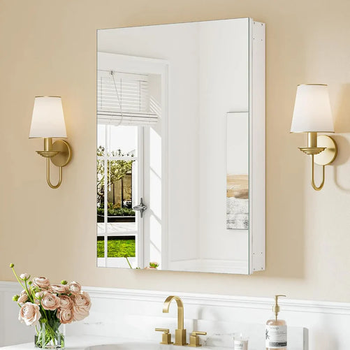 Sleek Medicine Cabinet Mirror with Storage – Aluminum, Tempered Glass, Adjustable Shelves, Surface Mount/Recessed – Modern Farmhouse Style for Bathroom Vanity, Bedroom, and More