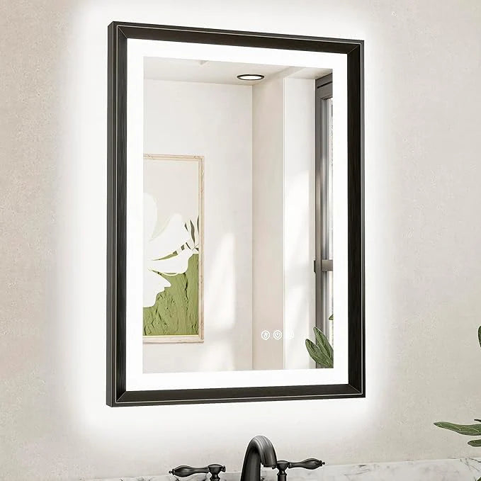 LED Bathroom Vanity Mirror with Frame – Front & Backlit, Aluminum Rectangle, Beveled Edge, 3-Color Stepless Dimmable, Anti-Fog, Memory Function, Wall-Mounted Lighted Mirror