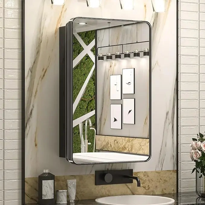 Bathroom Vanity Medicine Cabinet with Mirror – Small Brushed Brass, Stainless Steel Frame, Rounded Rectangle, Adjustable Shelves, Recessed or Surface Mount for Modern Storage