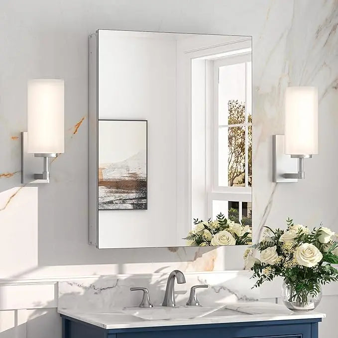 Sleek Medicine Cabinet Mirror with Storage – Aluminum, Tempered Glass, Adjustable Shelves, Surface Mount/Recessed – Modern Farmhouse Style for Bathroom Vanity, Bedroom, and More