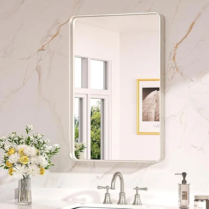 Aluminum Framed Bathroom Vanity Mirror – HD Tempered Glass Wall-Mounted Design, Ideal for Over-the-Sink Use, Supports Horizontal/Vertical Installation for Modern Décor