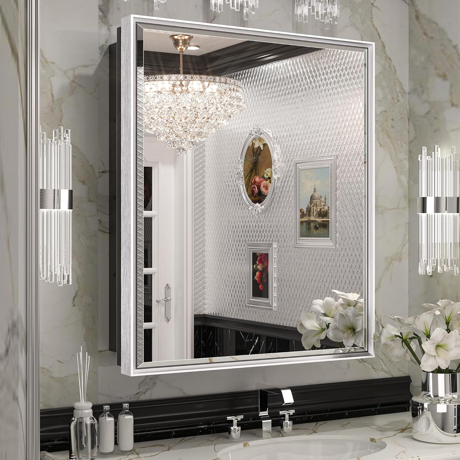 Modern Bathroom Vanity Mirror with Storage – Beveled Metal Frame, Aluminum Alloy Medicine Cabinet with Adjustable Shelves – Ideal for Bathroom, Living room Organization and Stylish Décor