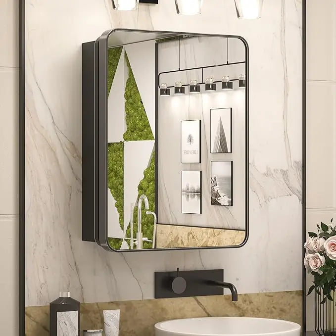 Bathroom Vanity Medicine Cabinet with Mirror – Small Brushed Brass, Stainless Steel Frame, Rounded Rectangle, Adjustable Shelves, Recessed or Surface Mount for Modern Storage