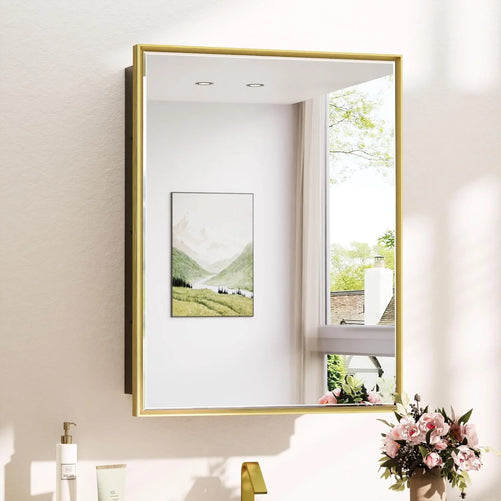 Modern Bathroom Vanity Mirror with Storage – Beveled Metal Frame, Aluminum Alloy Medicine Cabinet with Adjustable Shelves – Ideal for Bathroom, Living room Organization and Stylish Décor