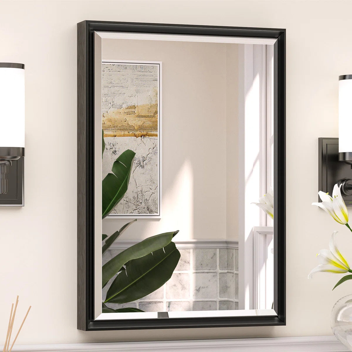 Rectangular Bathroom Vanity Mirror – Framed Wall-Mounted Mirror with Beveled Edge, Decorative Design for Over Sink, Modern Classic Style for Bathroom, Entryway, or Bedroom