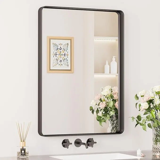 Aluminum Framed Bathroom Vanity Mirror – HD Tempered Glass Wall-Mounted Design, Ideal for Over-the-Sink Use, Supports Horizontal/Vertical Installation for Modern Décor