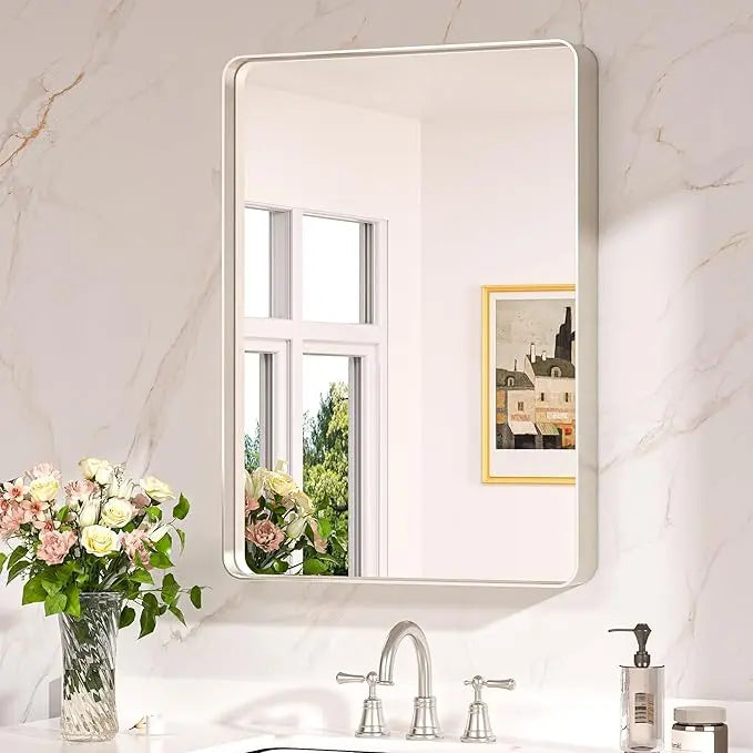 Aluminum Framed Bathroom Vanity Mirror – HD Tempered Glass Wall-Mounted Design, Ideal for Over-the-Sink Use, Supports Horizontal/Vertical Installation for Modern Décor