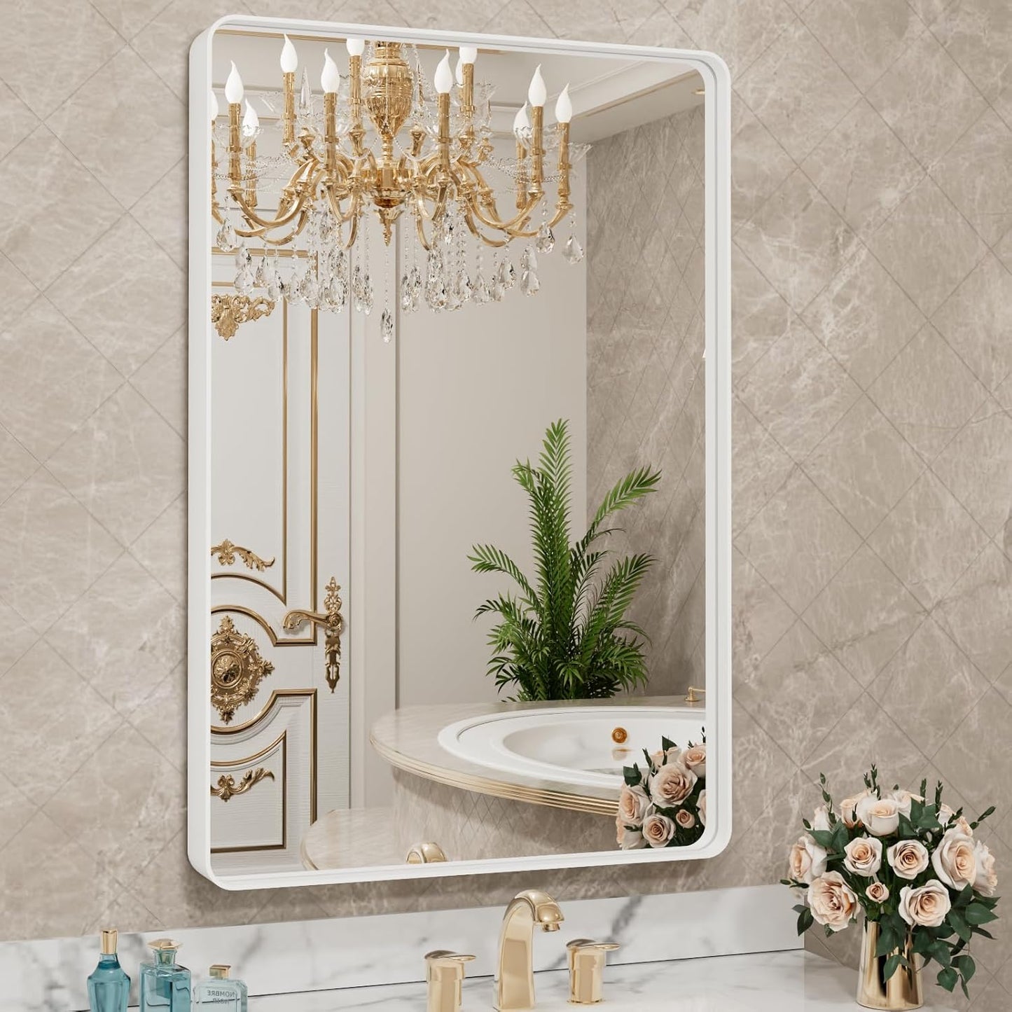 Aluminum Framed Bathroom Vanity Mirror – HD Tempered Glass Wall-Mounted Design, Ideal for Over-the-Sink Use, Supports Horizontal/Vertical Installation for Modern Décor