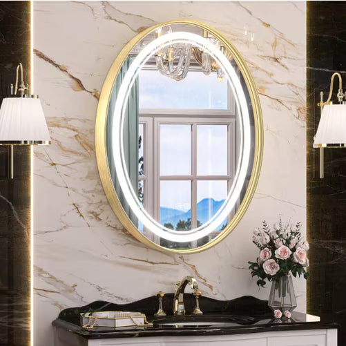 Dimmable LED Oval Mirror – Framed Frontlit Vanity Mirror for Bathroom, Bedroom, Living Room with 3 Color Options, CRI 90+, Wall-Mounted Illuminated Lighted Mirror for Modern