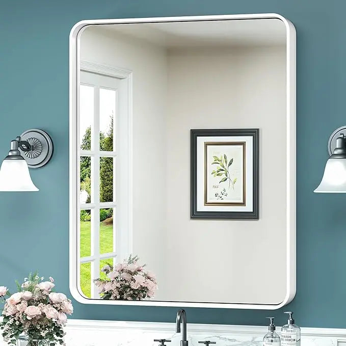 Framed Bathroom Wall Mirror with Non-Rusting Aluminum Alloy in Brushed Metal Finish – Stylish Modern Farmhouse Design for Bedroom, Living Room, or Bathroom