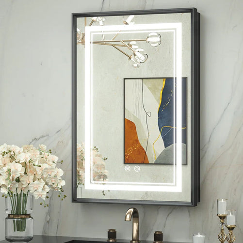 Recessed Medicine Cabinet Mirror with Lights – Tempered Glass, 3-Color Stepless Dimmable LED, Defogger & Electrical Outlets – Modern Cabinet with Storage for Bathroom, Restroom