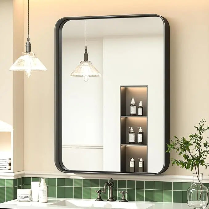 Framed Bathroom Wall Mirror with Non-Rusting Aluminum Alloy in Brushed Metal Finish – Stylish Modern Farmhouse Design for Bedroom, Living Room, or Bathroom