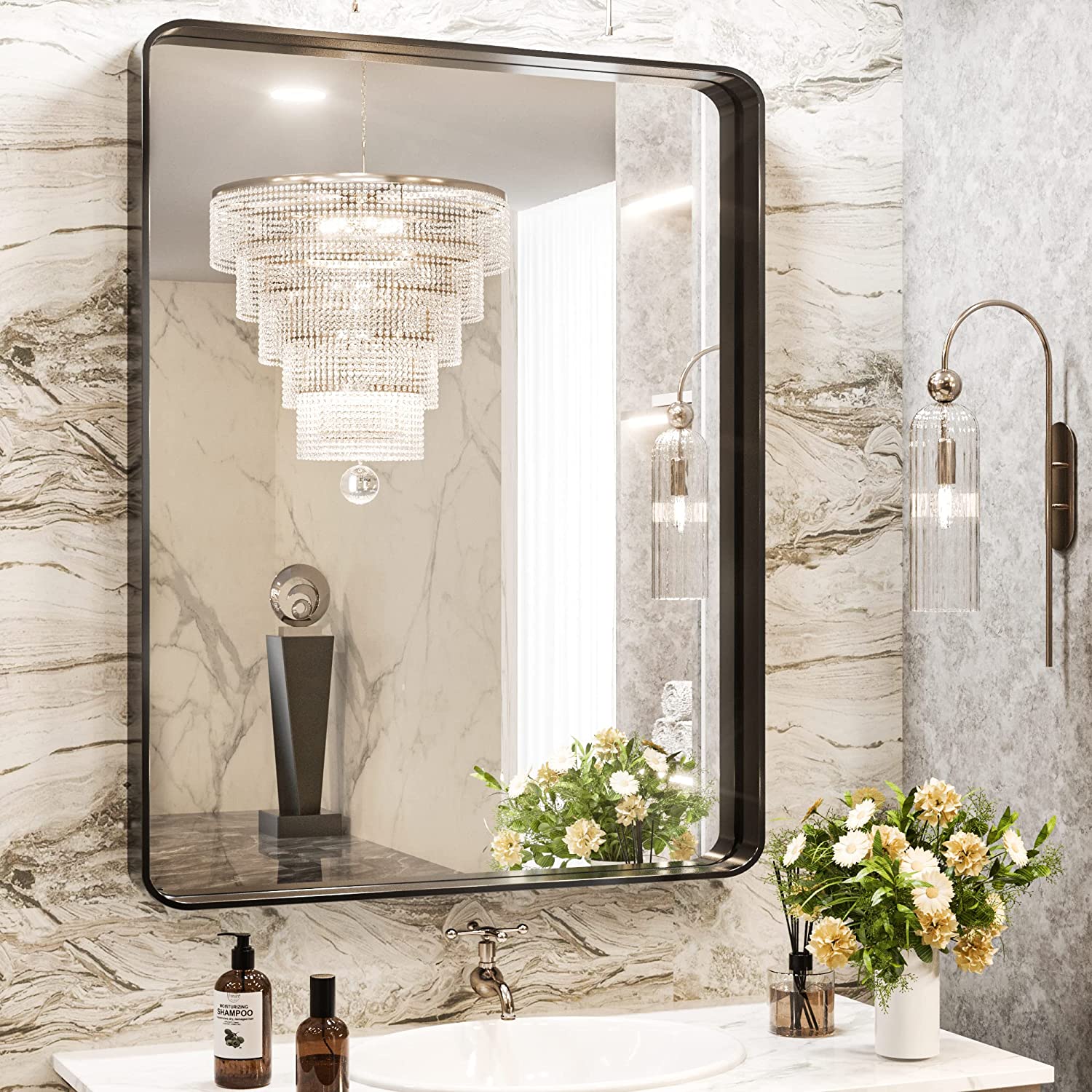 Framed Bathroom Wall Mirror with Non-Rusting Aluminum Alloy in Brushed Metal Finish – Stylish Modern Farmhouse Design for Bedroom, Living Room, or Bathroom
