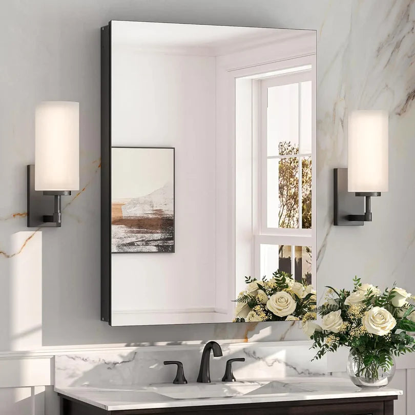 Sleek Medicine Cabinet Mirror with Storage – Aluminum, Tempered Glass, Adjustable Shelves, Surface Mount/Recessed – Modern Farmhouse Style for Bathroom Vanity, Bedroom, and More