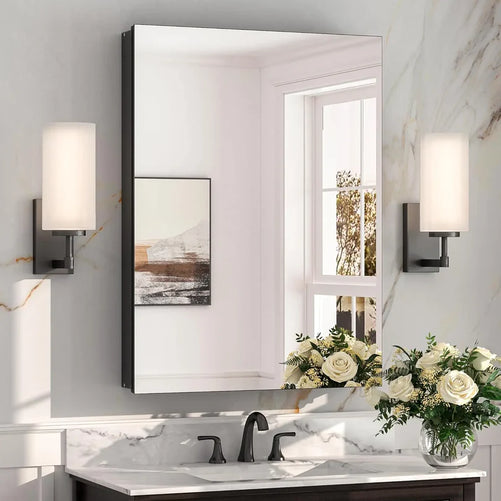 Sleek Medicine Cabinet Mirror with Storage – Aluminum, Tempered Glass, Adjustable Shelves, Surface Mount/Recessed – Modern Farmhouse Style for Bathroom Vanity, Bedroom, and More