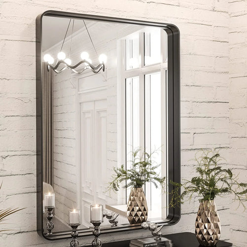 Framed Bathroom Wall Mirror with Non-Rusting Aluminum Alloy in Brushed Metal Finish – Stylish Modern Farmhouse Design for Bedroom, Living Room, or Bathroom