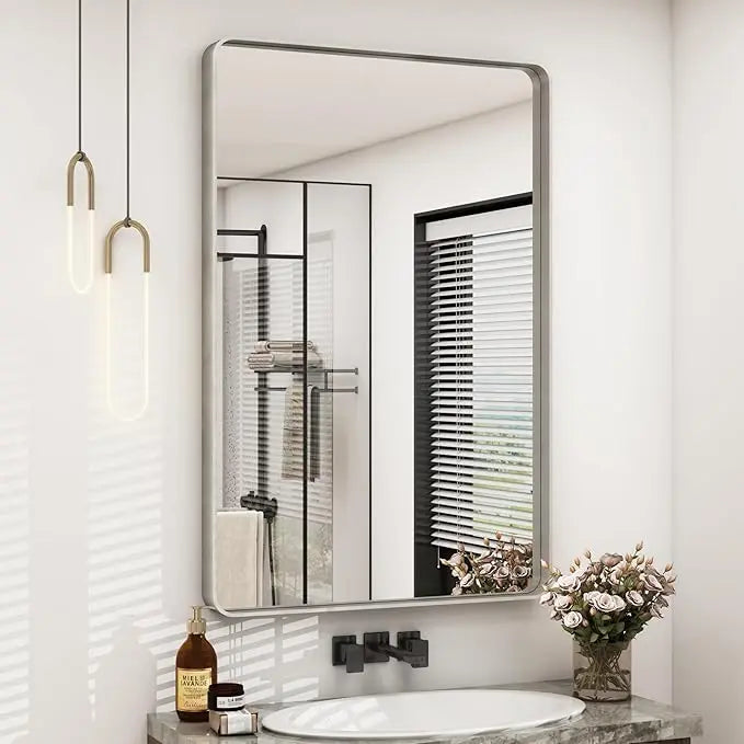 Aluminum Framed Bathroom Vanity Mirror – HD Tempered Glass Wall-Mounted Design, Ideal for Over-the-Sink Use, Supports Horizontal/Vertical Installation for Modern Décor