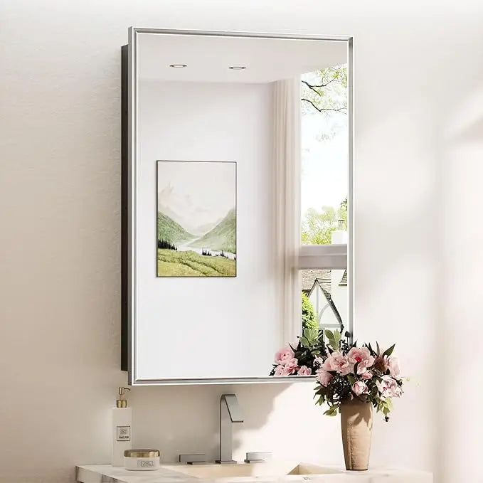 Modern Bathroom Vanity Mirror with Storage – Beveled Metal Frame, Aluminum Alloy Medicine Cabinet with Adjustable Shelves – Ideal for Bathroom, Living room Organization and Stylish Décor