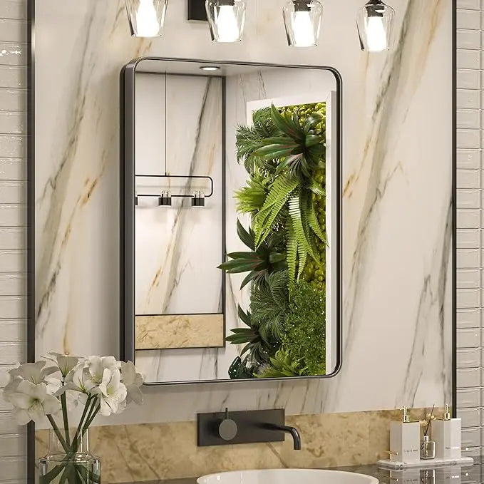 Bathroom Vanity Medicine Cabinet with Mirror – Small Brushed Brass, Stainless Steel Frame, Rounded Rectangle, Adjustable Shelves, Recessed or Surface Mount for Modern Storage
