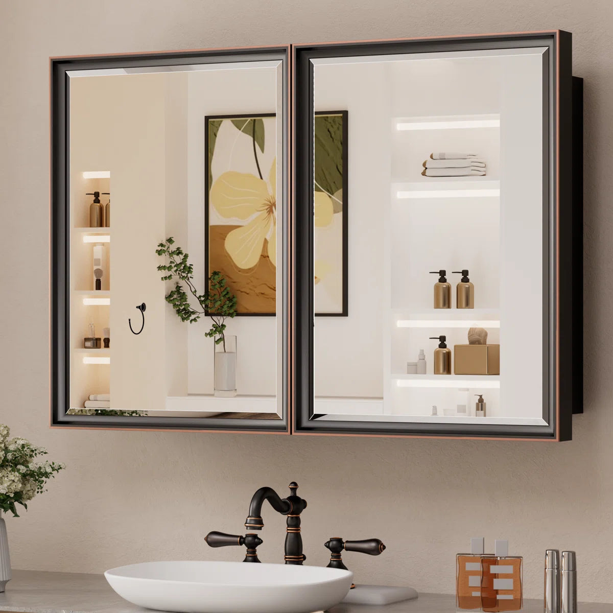 Modern Bathroom Vanity Mirror with Storage – Beveled Metal Frame, Aluminum Alloy Medicine Cabinet with Adjustable Shelves – Ideal for Bathroom, Living room Organization and Stylish Décor