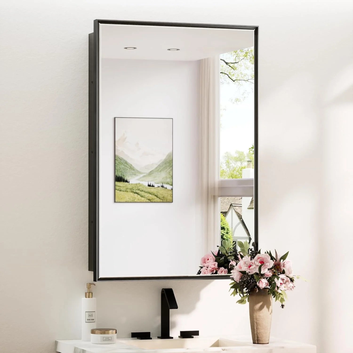 Modern Bathroom Vanity Mirror with Storage – Beveled Metal Frame, Aluminum Alloy Medicine Cabinet with Adjustable Shelves – Ideal for Bathroom, Living room Organization and Stylish Décor