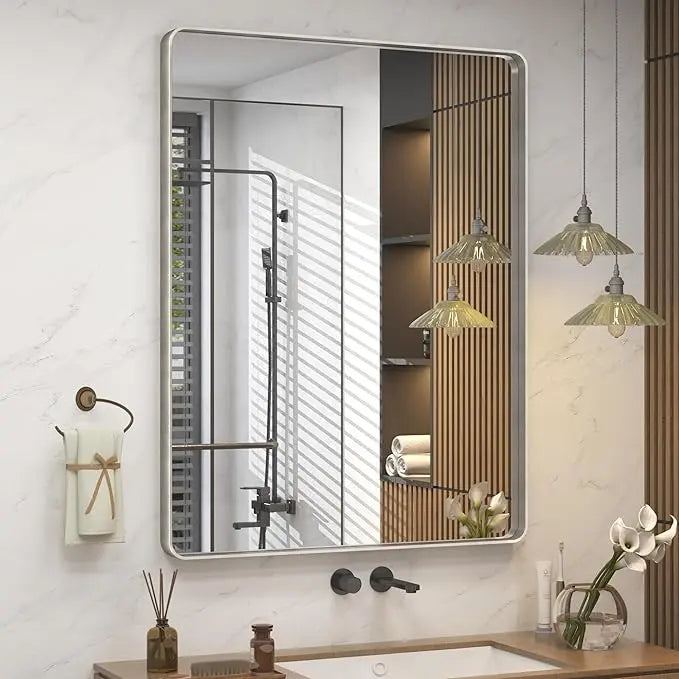 Aluminum Framed Bathroom Vanity Mirror – HD Tempered Glass Wall-Mounted Design, Ideal for Over-the-Sink Use, Supports Horizontal/Vertical Installation for Modern Décor