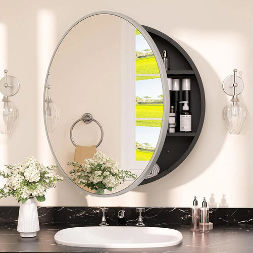 Round Bathroom Medicine Cabinet with Mirror – Metal Framed, Circular Farmhouse Design – Surface Mount Only – Small Wall-Mounted Vanity Mirror for Bathroom Storage & Stylish Décor