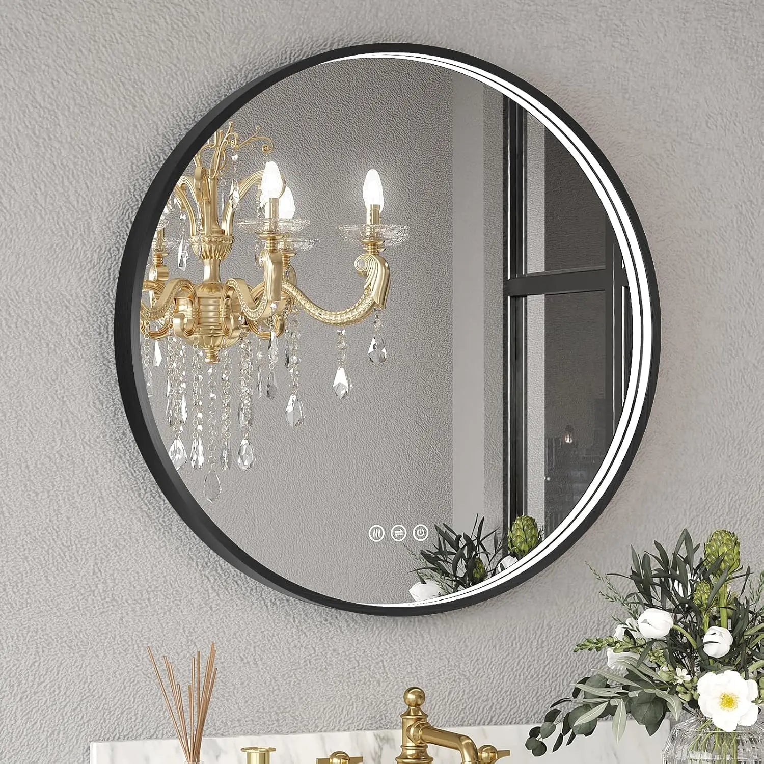 Round LED Bathroom Mirror with Lights – Dimmable Wall-Mounted Vanity Mirror, 3000K/4500K/6000K, Touch Switch, Metal Frame, Front-Lighted for Modern Bathroom Décor