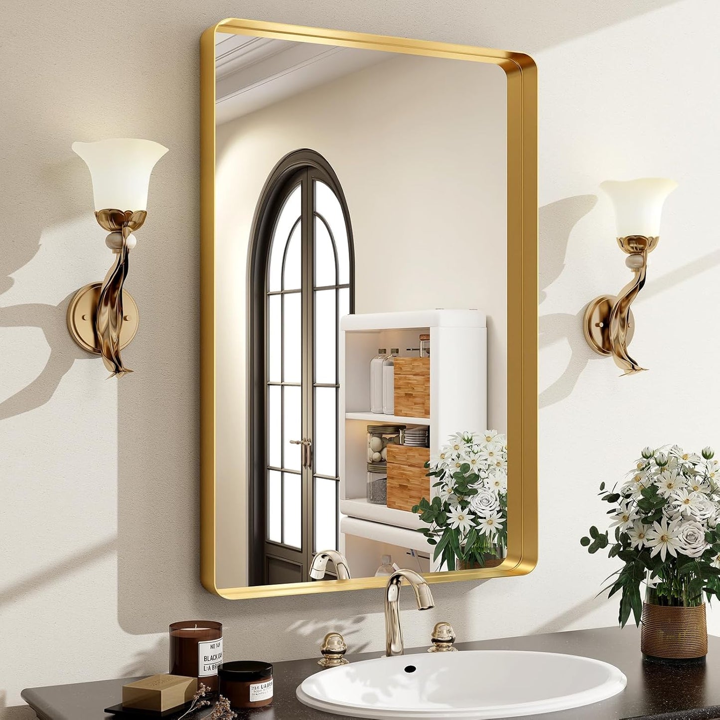 Aluminum Framed Bathroom Vanity Mirror – HD Tempered Glass Wall-Mounted Design, Ideal for Over-the-Sink Use, Supports Horizontal/Vertical Installation for Modern Décor
