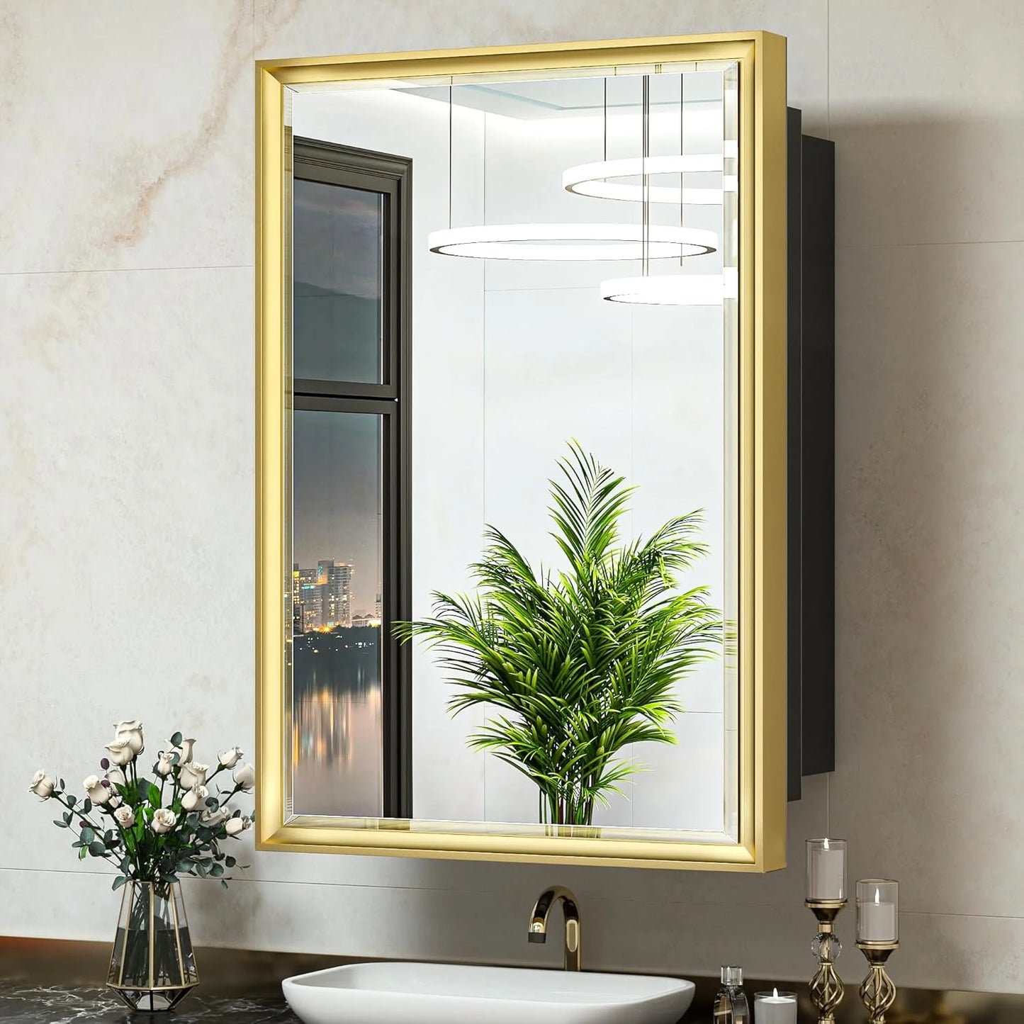 Modern Bathroom Vanity Mirror with Storage – Beveled Metal Frame, Aluminum Alloy Medicine Cabinet with Adjustable Shelves – Ideal for Bathroom, Living room Organization and Stylish Décor