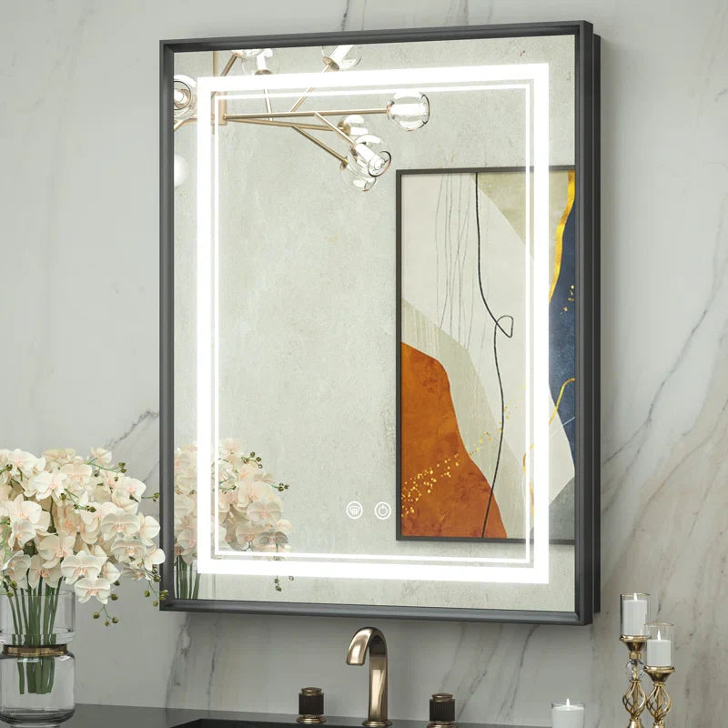 Recessed Medicine Cabinet Mirror with Lights – Tempered Glass, 3-Color Stepless Dimmable LED, Defogger & Electrical Outlets – Modern Cabinet with Storage for Bathroom, Restroom