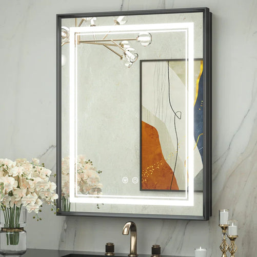 Recessed Medicine Cabinet Mirror with Lights – Tempered Glass, 3-Color Stepless Dimmable LED, Defogger & Electrical Outlets – Modern Cabinet with Storage for Bathroom, Restroom