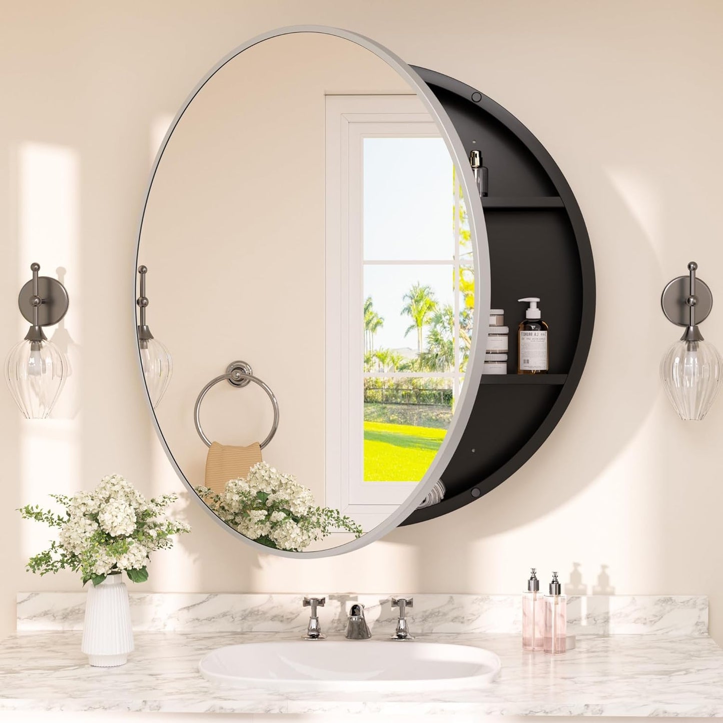 Round Bathroom Medicine Cabinet with Mirror – Metal Framed, Circular Farmhouse Design – Surface Mount Only – Small Wall-Mounted Vanity Mirror for Bathroom Storage & Stylish Décor