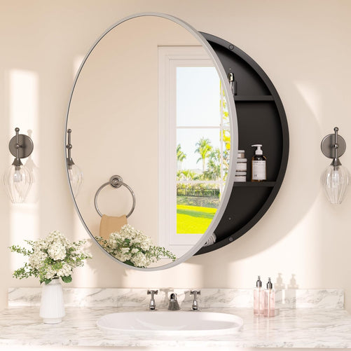 Round Bathroom Medicine Cabinet with Mirror – Metal Framed, Circular Farmhouse Design – Surface Mount Only – Small Wall-Mounted Vanity Mirror for Bathroom Storage & Stylish Décor