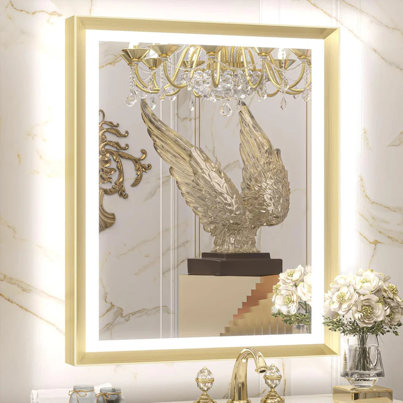 LED Bathroom Vanity Mirror with Frame – Front & Backlit, Aluminum Rectangle, Beveled Edge, 3-Color Stepless Dimmable, Anti-Fog, Memory Function, Wall-Mounted Lighted Mirror