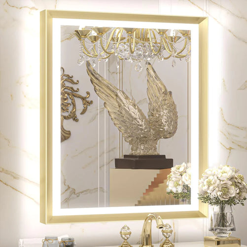 LED Bathroom Vanity Mirror with Frame – Front & Backlit, Aluminum Rectangle, Beveled Edge, 3-Color Stepless Dimmable, Anti-Fog, Memory Function, Wall-Mounted Lighted Mirror