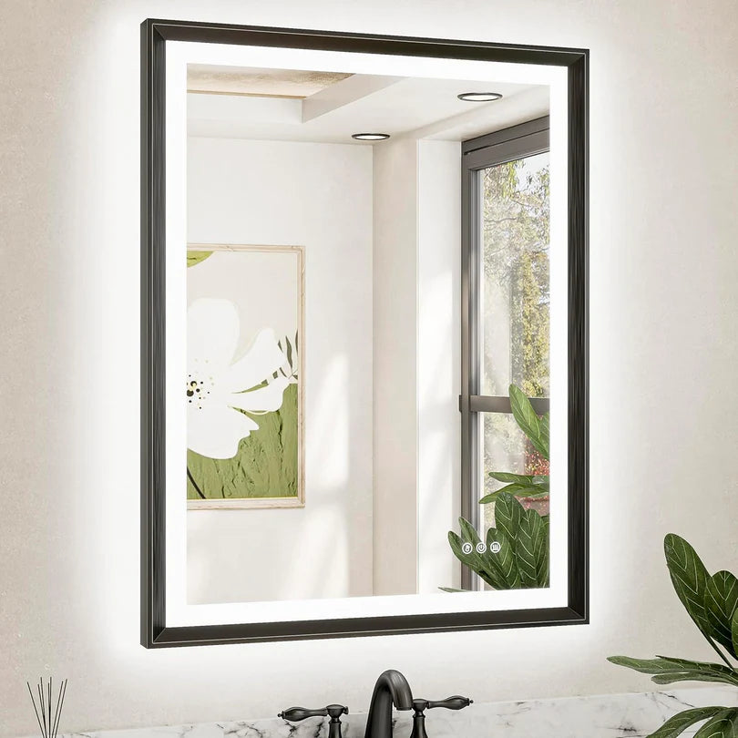 LED Bathroom Vanity Mirror with Frame – Front & Backlit, Aluminum Rectangle, Beveled Edge, 3-Color Stepless Dimmable, Anti-Fog, Memory Function, Wall-Mounted Lighted Mirror