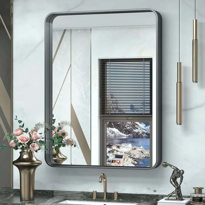 Framed Bathroom Wall Mirror with Non-Rusting Aluminum Alloy in Brushed Metal Finish – Stylish Modern Farmhouse Design for Bedroom, Living Room, or Bathroom