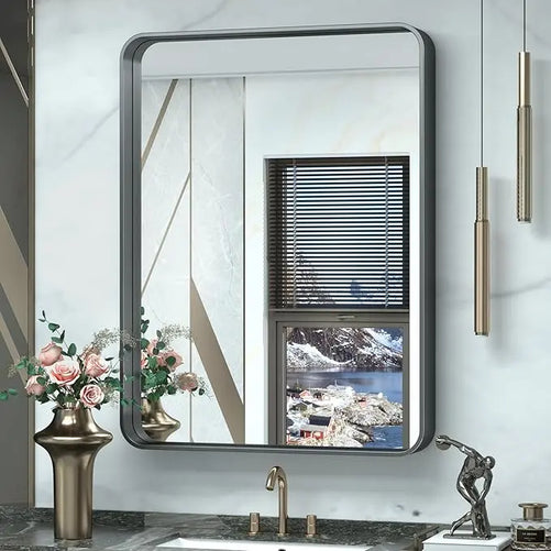 Framed Bathroom Wall Mirror with Non-Rusting Aluminum Alloy in Brushed Metal Finish – Stylish Modern Farmhouse Design for Bedroom, Living Room, or Bathroom