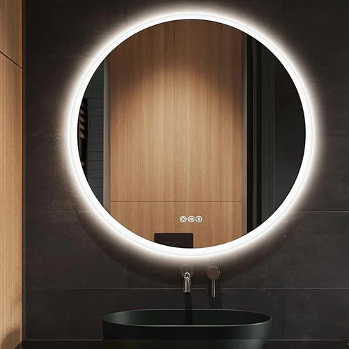 LED Round Mirror with Front Lights, 3 Color Options, CRI 90+ – Dimmable Wall-Mounted Vanity Mirror for Bathroom, Living Room, or Bedroom – Frontlit Illuminated Modern Design
