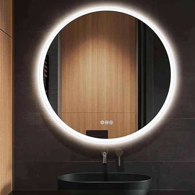 LED Round Mirror with Front Lights, 3 Color Options, CRI 90+ – Dimmable Wall-Mounted Vanity Mirror for Bathroom, Living Room, or Bedroom – Frontlit Illuminated Modern Design