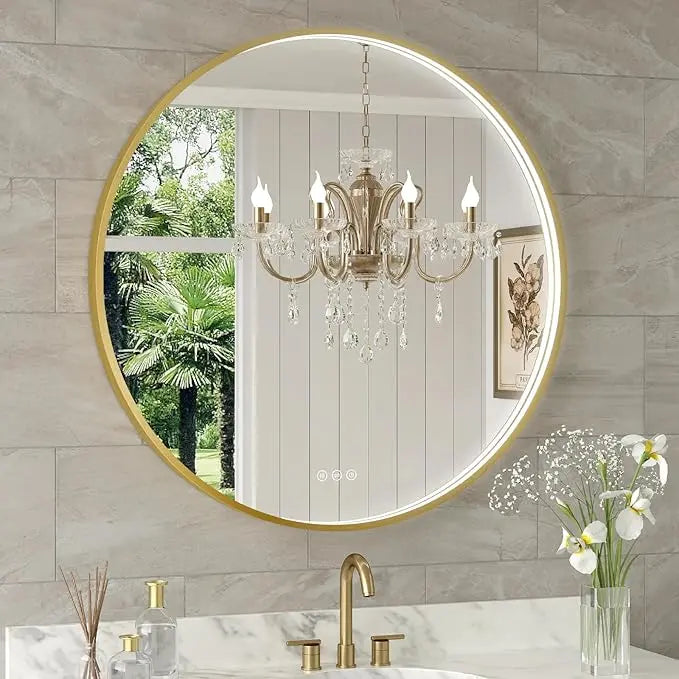 Round LED Bathroom Mirror with Lights – Dimmable Wall-Mounted Vanity Mirror, 3000K/4500K/6000K, Touch Switch, Metal Frame, Front-Lighted for Modern Bathroom Décor