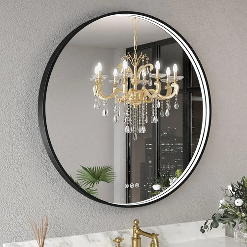 Round LED Bathroom Mirror with Lights – Dimmable Wall-Mounted Vanity Mirror, 3000K/4500K/6000K, Touch Switch, Metal Frame, Front-Lighted for Modern Bathroom Décor