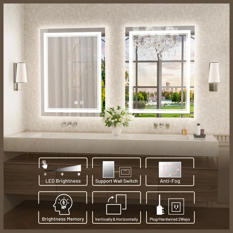 Bathroom Vanity  LED Mirror with Lights – Frontlit & Backlit, Anti-Fog, 3-Color Stepless Dimmable, Memory Function, Shatterproof, CRI 90+, UL Listed Driver – Modern Vanity Mirror