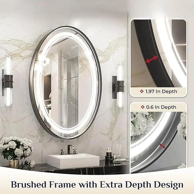 Dimmable LED Oval Mirror – Framed Frontlit Vanity Mirror for Bathroom, Bedroom, Living Room with 3 Color Options, CRI 90+, Wall-Mounted Illuminated Lighted Mirror for Modern