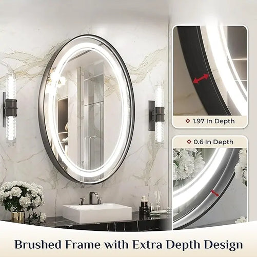 Dimmable LED Oval Mirror – Framed Frontlit Vanity Mirror for Bathroom, Bedroom, Living Room with 3 Color Options, CRI 90+, Wall-Mounted Illuminated Lighted Mirror for Modern