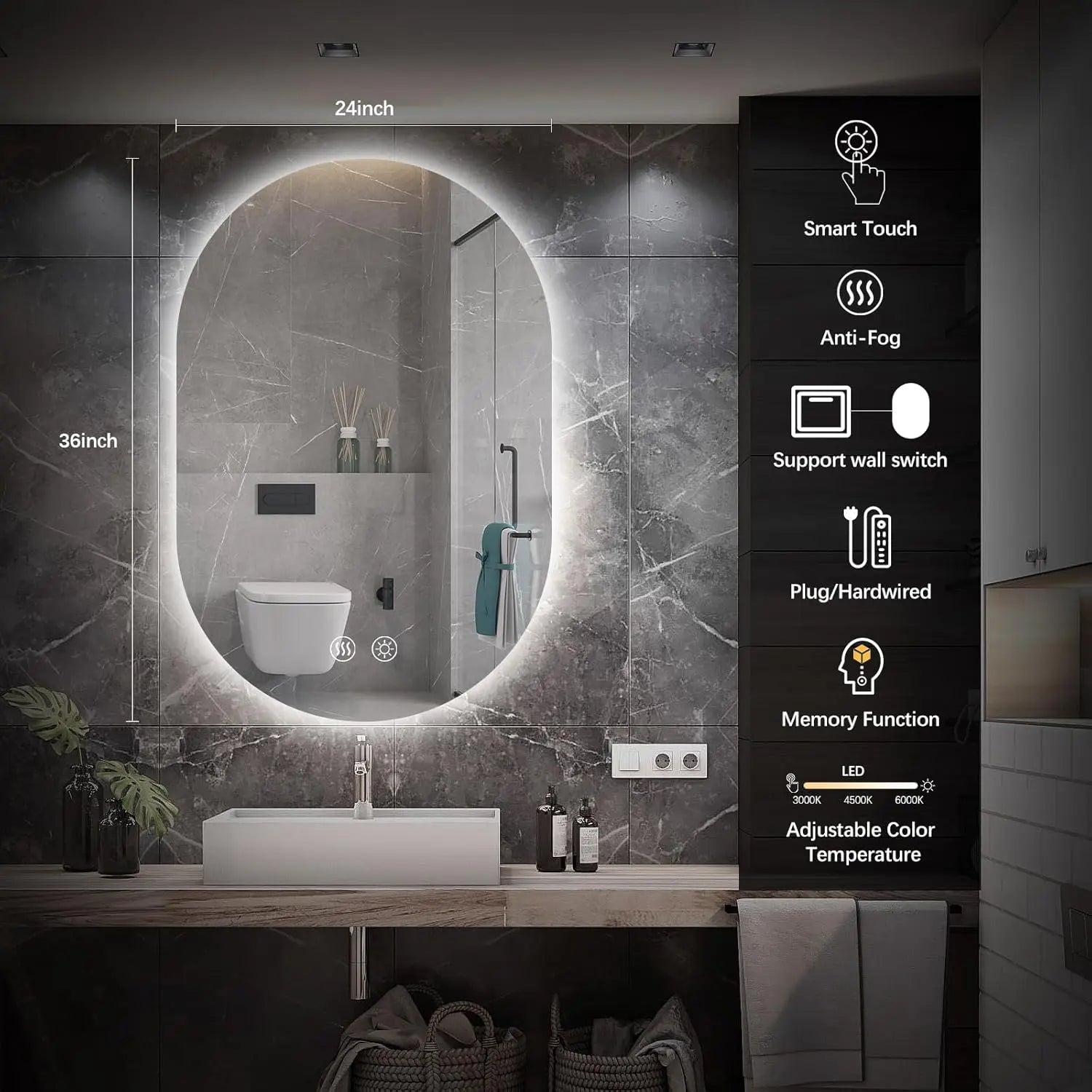 Oval LED Bathroom Vanity Mirror – Wall-Mounted Lighted Mirror with Anti-Fog, Dimmable Brightness, Touch Sensor, Long Design for Makeup, Usable Horizontally or Vertically