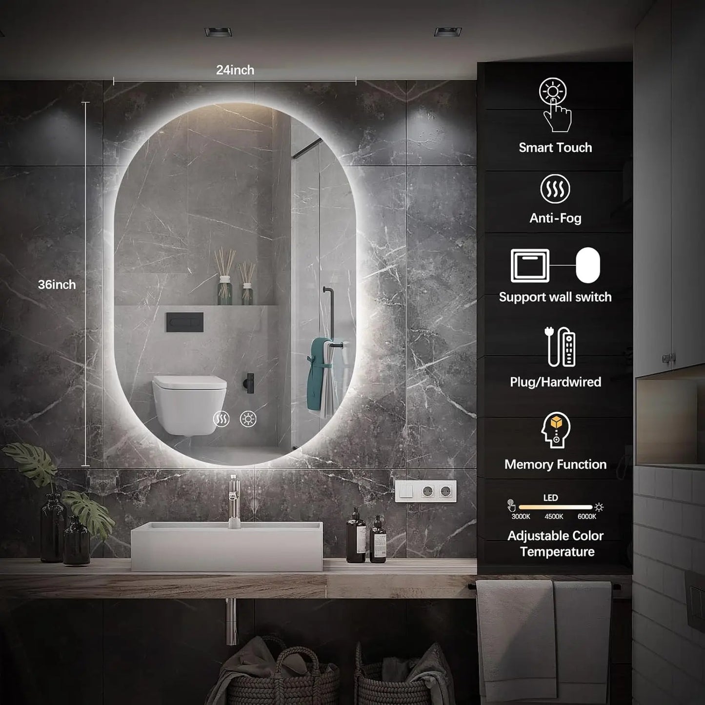 Oval LED Bathroom Vanity Mirror – Wall-Mounted Lighted Mirror with Anti-Fog, Dimmable Brightness, Touch Sensor, Long Design for Makeup, Usable Horizontally or Vertically